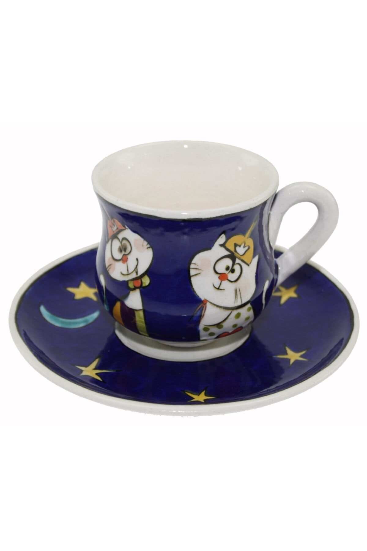 Mavi Zemin Yıldızlı Ve Hunili Kediler Dekorlu Çini Seramik Kahve Fincanı Tekli Tabak:12cm Fincan:6x8cm