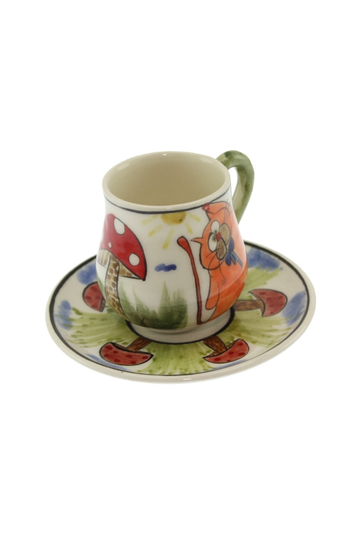 Sportmen Tombiş Kedi Dekorlu Kahve Fincanı Tekli Çini Seramik Tabak:12cm Fincan:6x8cm