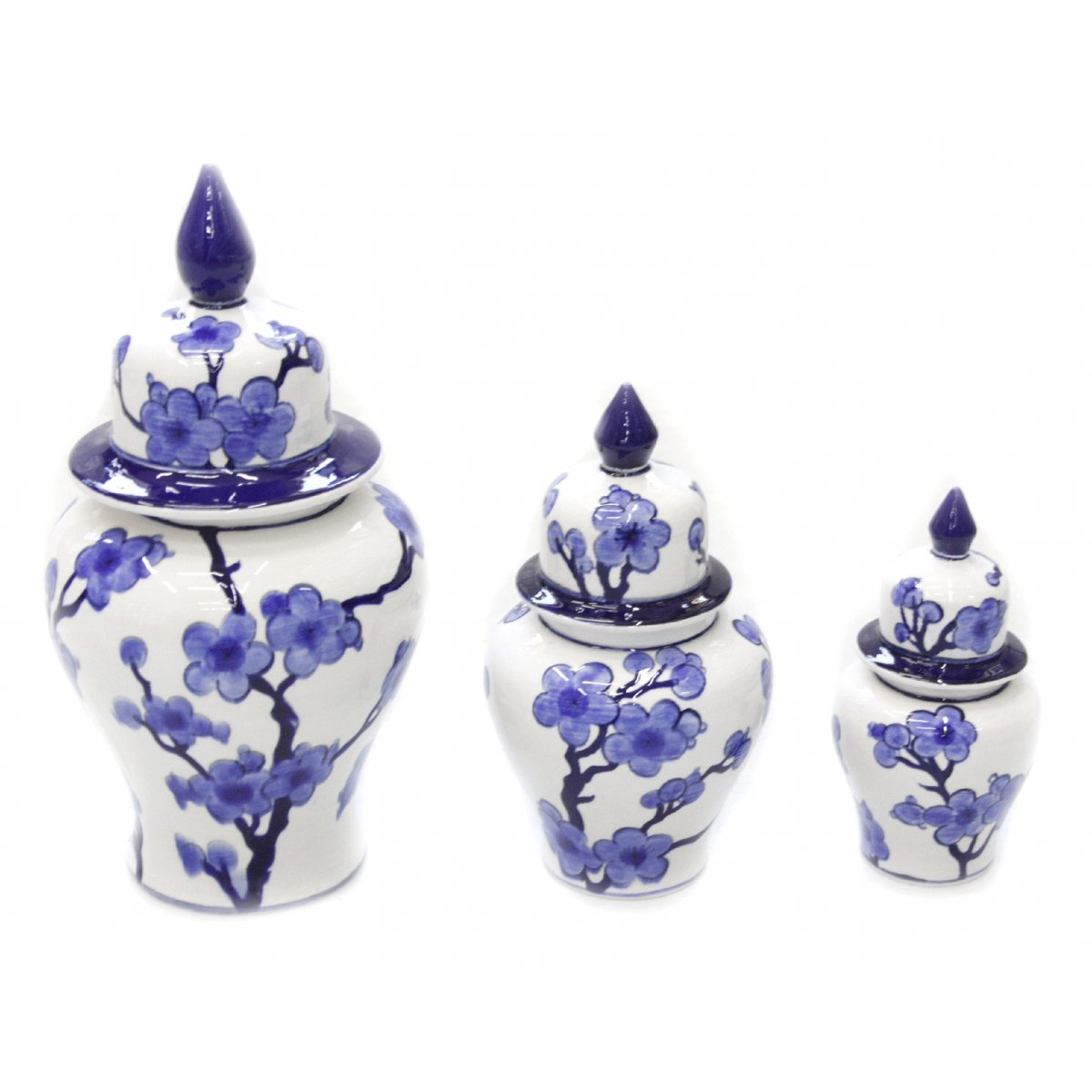 Kiraz Dalı Dekorlu Dekoratif 3 Lü Çini Şah Vazo K.11x20 Cm O.15x25 Cm B.20x30 Cm