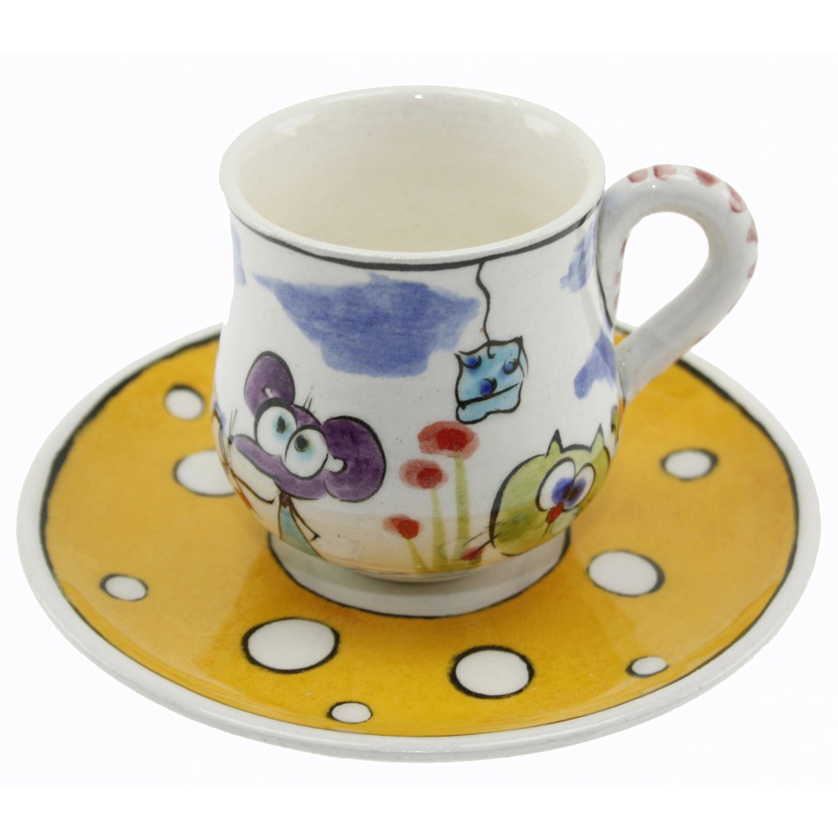 Hunili Kedi Dekorlu Kişiye Özel Çini Kahve Fincanı 5x8 Cm