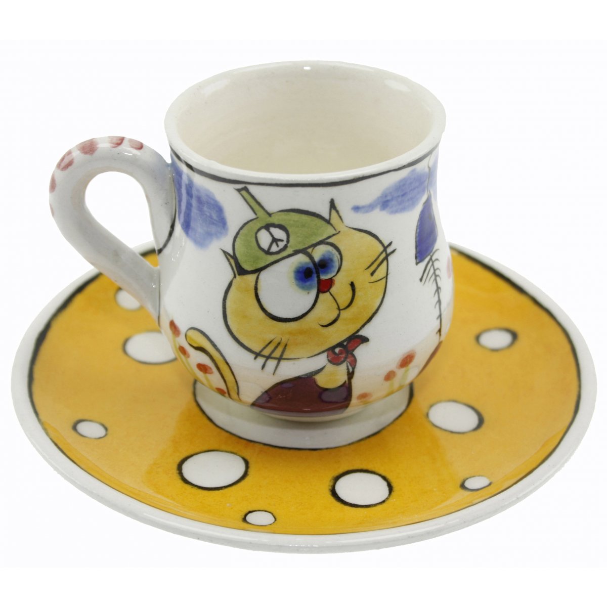 Hunili Kedi Dekorlu Kişiye Özel Çini Kahve Fincanı 5x8 Cm