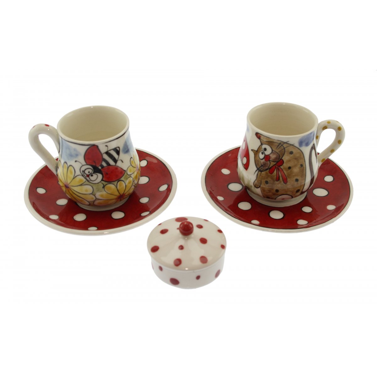 Sportmen Kedi Dekorlu Ve Lokumluklu 2 Li Çini Kahve Fincan Seti 5x8 Cm