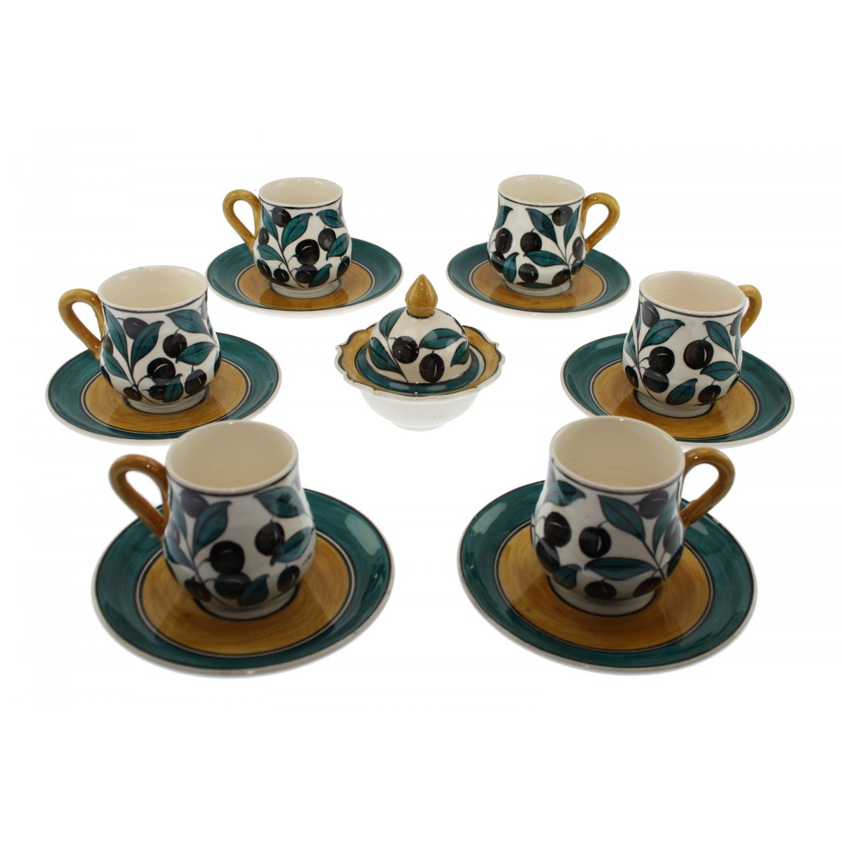 Zeytin Ve Zeytin Dalı DekorluVe Lokumluklu 6 Lı Çini Kahve Fincan Seti 5x8 Cm