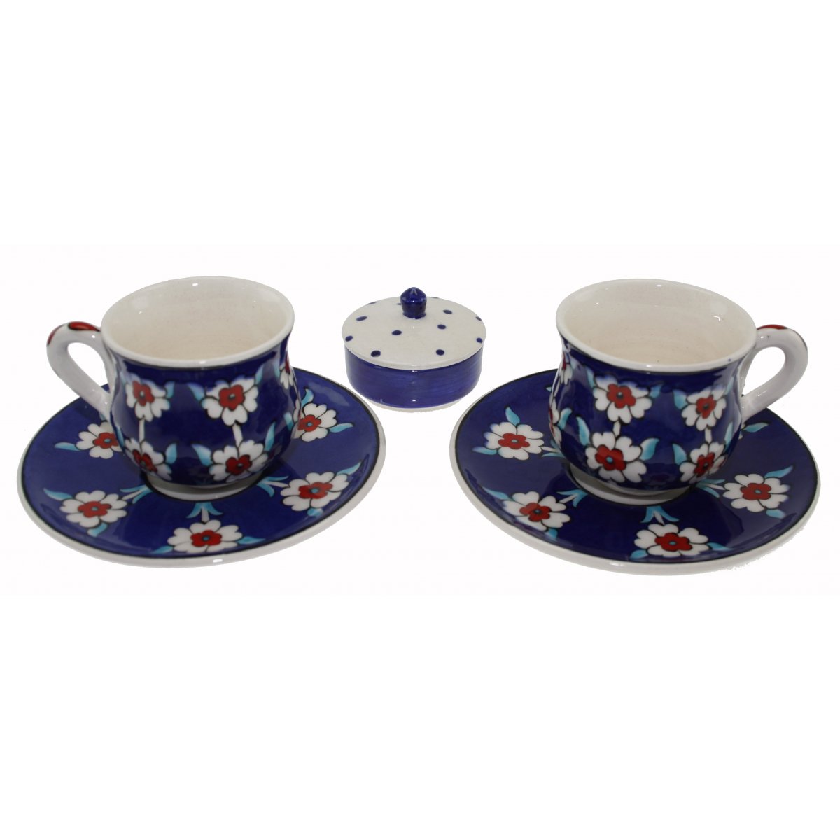 Hayat Ağacı Dekorlu Ve Lokumluklu 2 Li Çini Kahve Fincan Seti 5x8 Cm