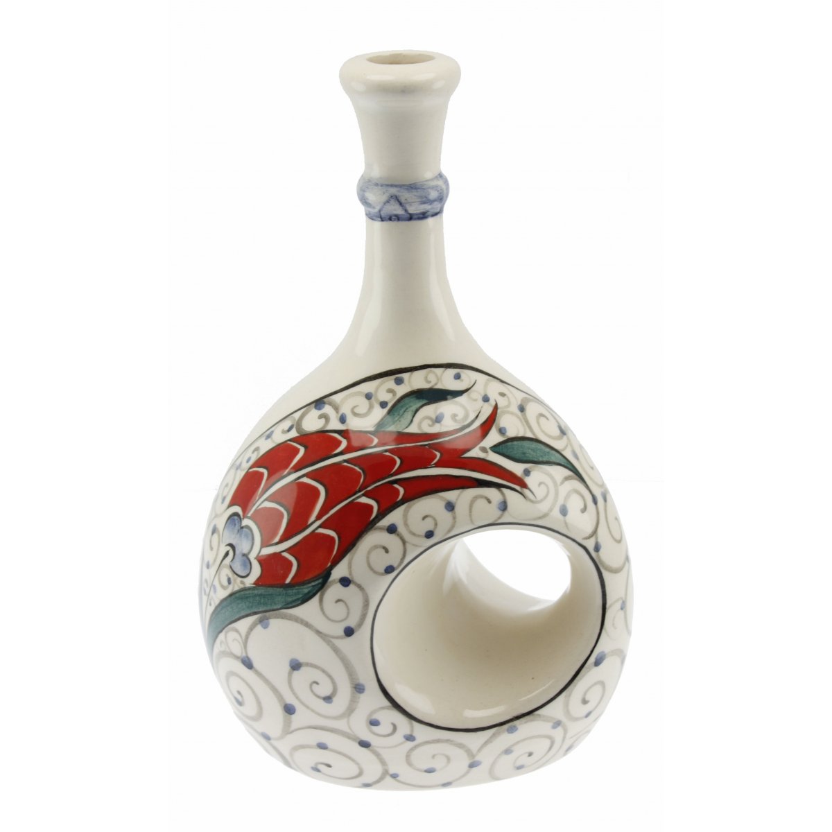 Rumi Zemin Kırmızı Lale Dekorlu Seramik Zeytin Yağı Şişesi 500 Gr 14x20 Cm 