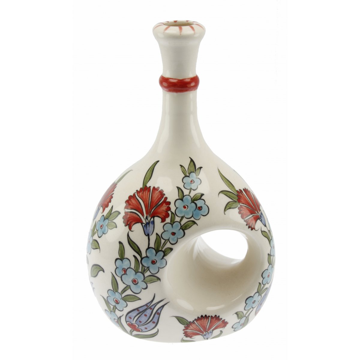 Kırmızı Karanfil Mavi Hayat Ağacı Dekorlu Seramik Zeytin Yağı Şişesi 500 Gr 14x20 Cm 
