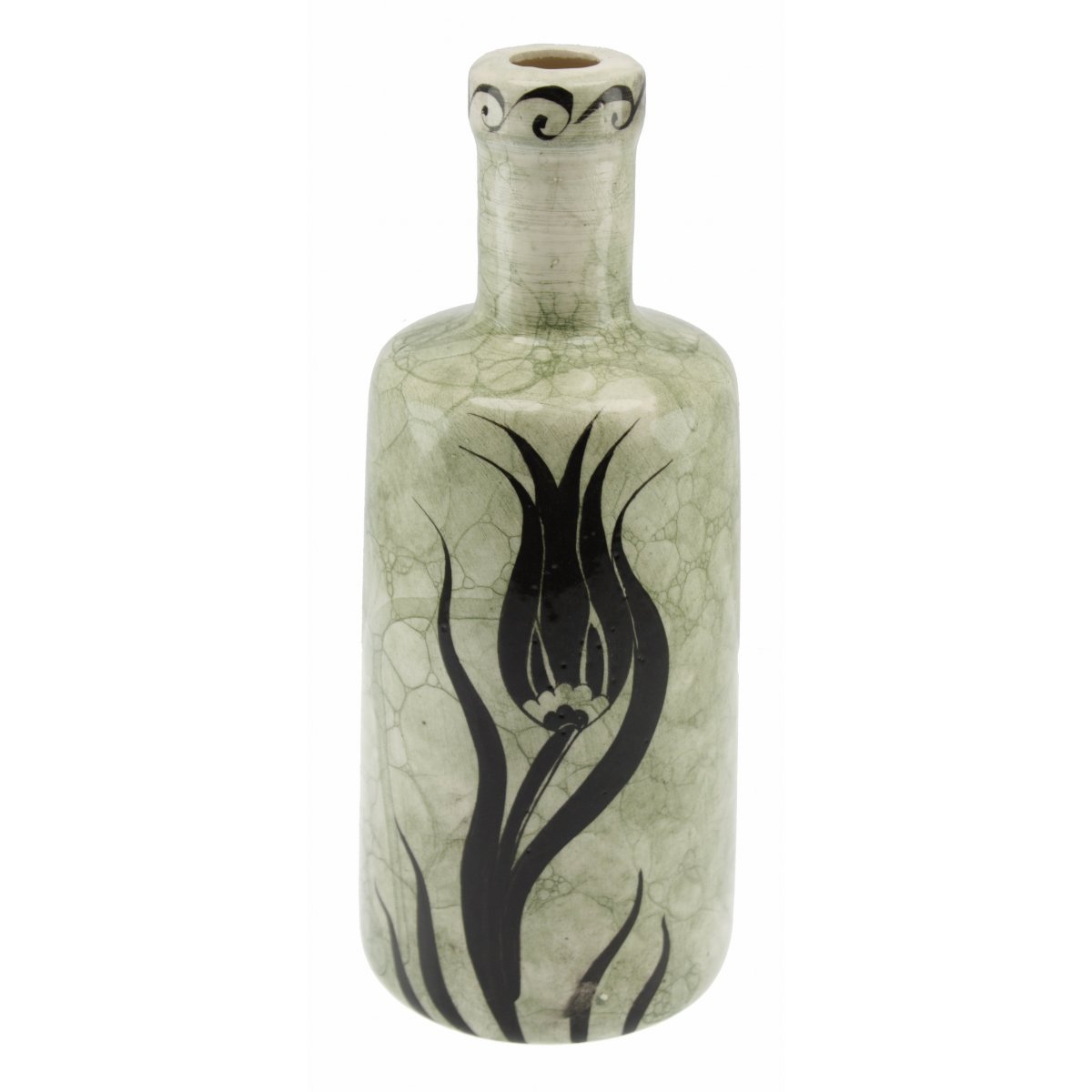 Ebruli Zemin Siyah Lale Dekorlu Seramik Zeytin Yağı Şişesi 500 Gr 9x20 Cm 