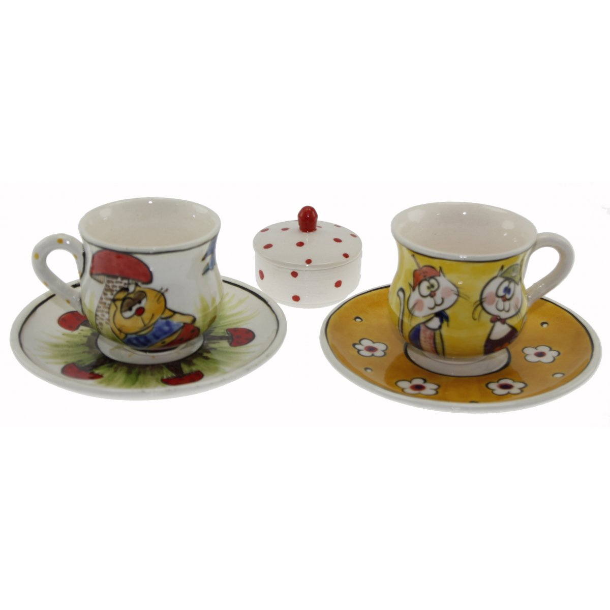 Siesda Kedili Dekorlu Ve Lokumluklu 2 Li Çini Kahve Fincan Seti 5x8 Cm