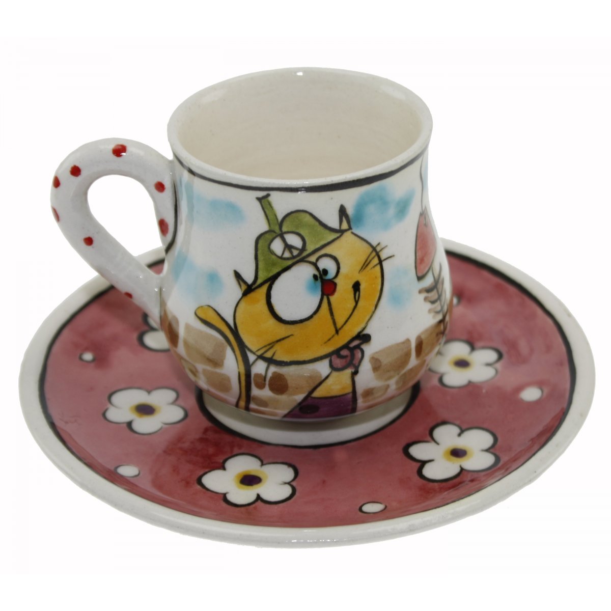 Hunili Kedi Dekorlu Kişiye Özel Çini Kahve Fincanı 5x8 Cm 