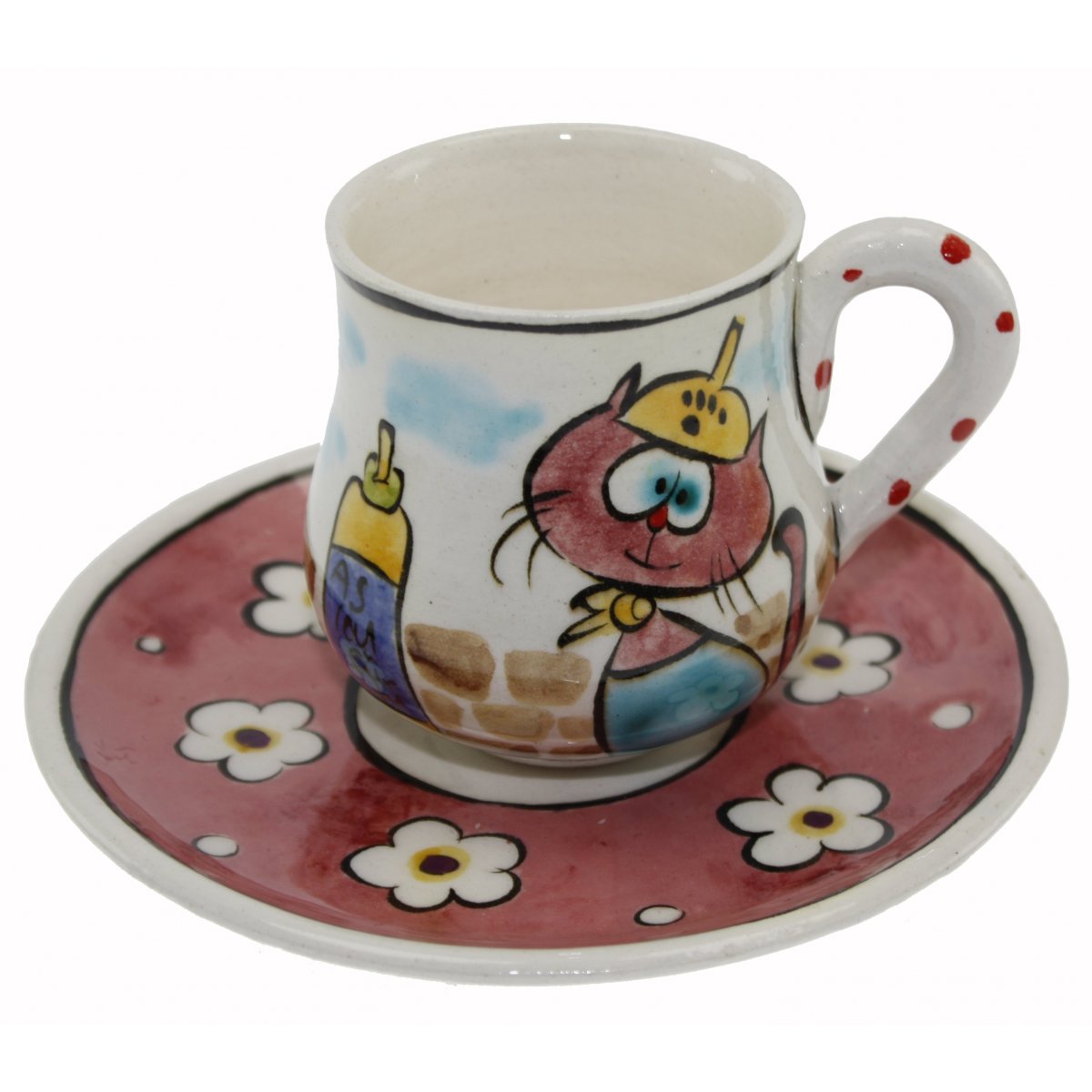 Hunili Kedi Dekorlu Kişiye Özel Çini Kahve Fincanı 5x8 Cm 