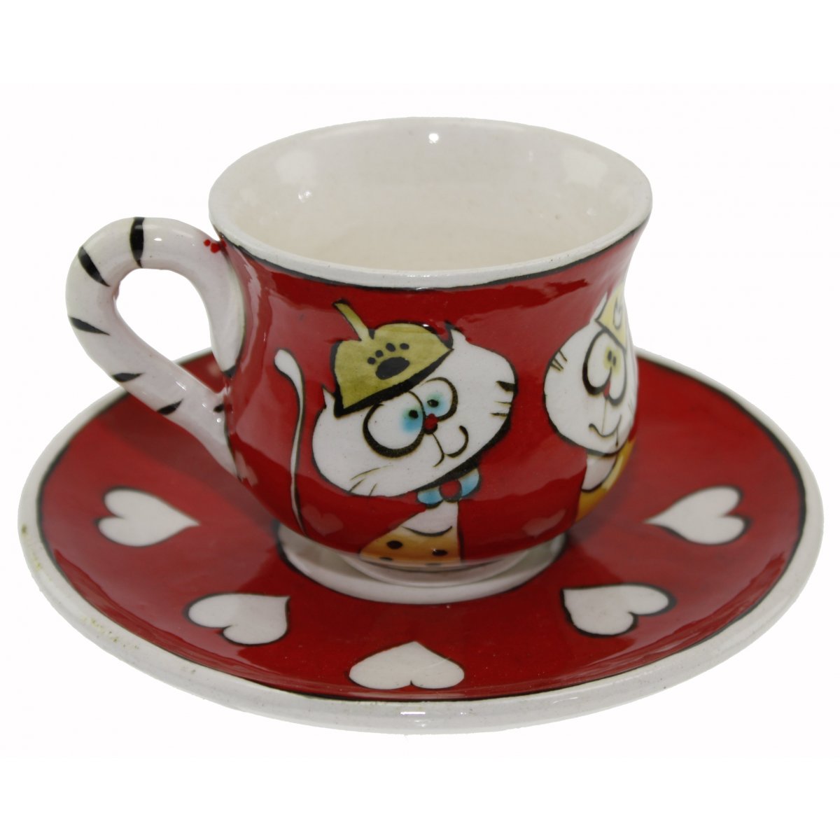 Kırmızı Zemin Hunili Kediler Dekorlu Kişiye Özel Çini Kahve Fincanı 5x8 Cm