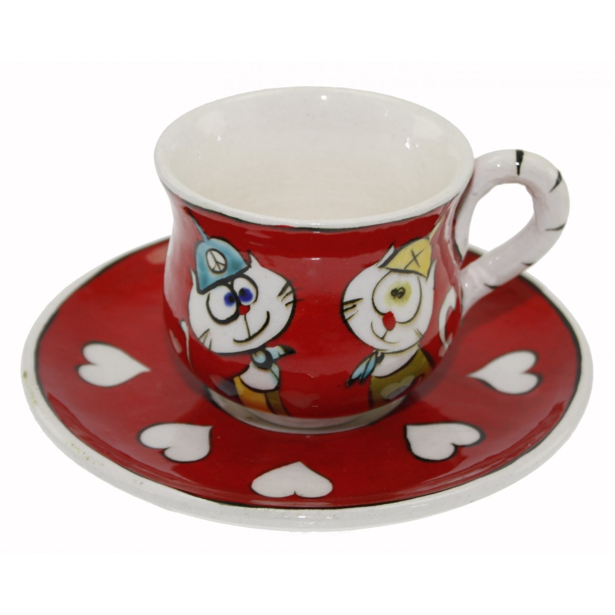 Kırmızı Zemin Hunili Kediler Dekorlu Kişiye Özel Çini Kahve Fincanı 5x8 Cm
