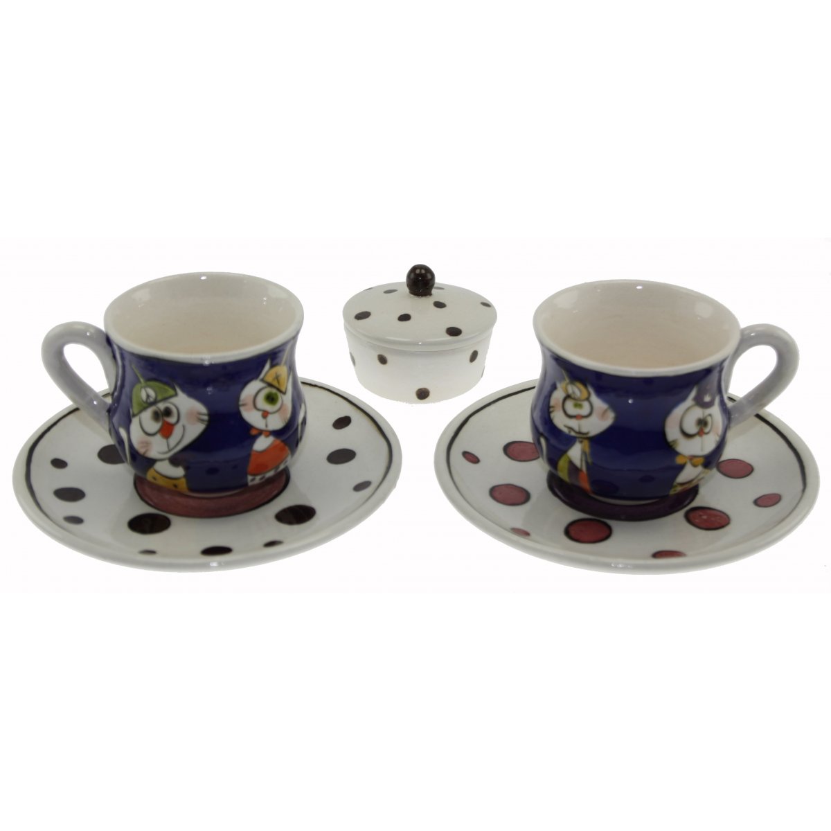 Hunili kediler Dekorlu Ve Lokumluklu 2 Li Çini Kahve Fincan Seti 5x8 Cm