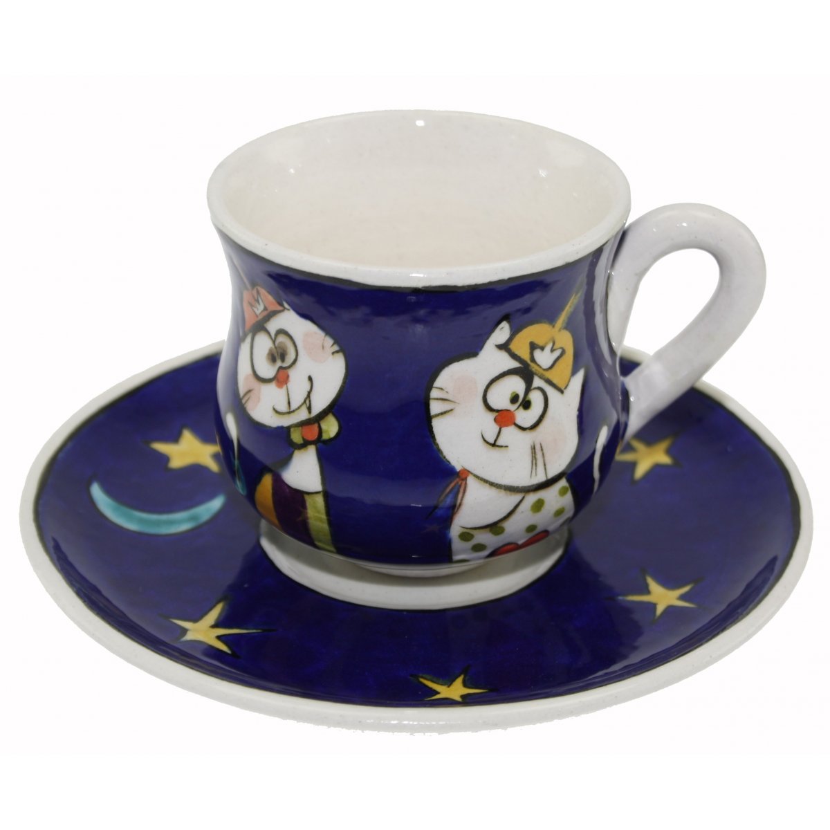 Mavi Zemin Hunili Kediler Dekorlu Kişiye Özel Çini Kahve Fincanı 5x8 Cm 