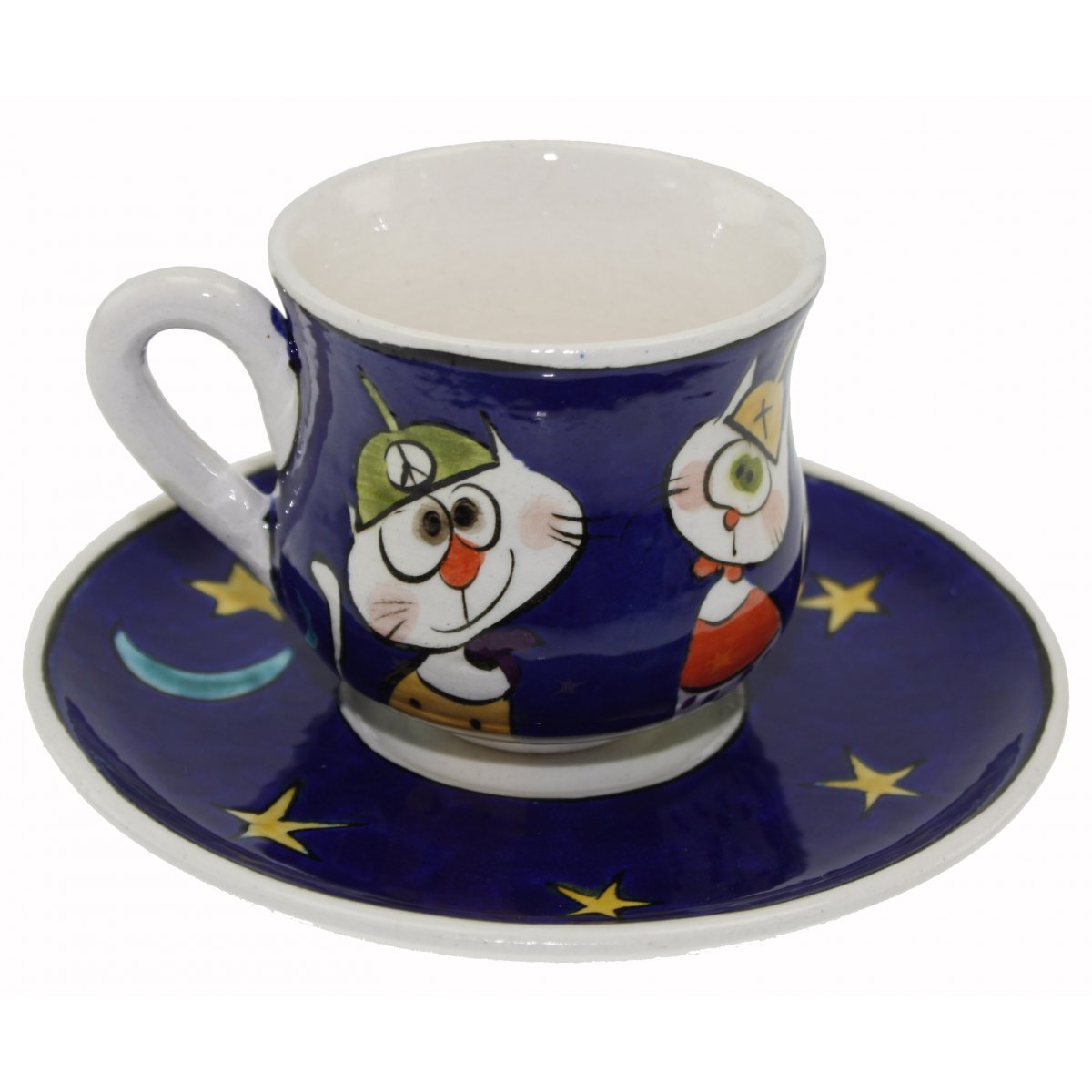 Mavi Zemin Hunili Kediler Dekorlu Kişiye Özel Çini Kahve Fincanı 5x8 Cm 