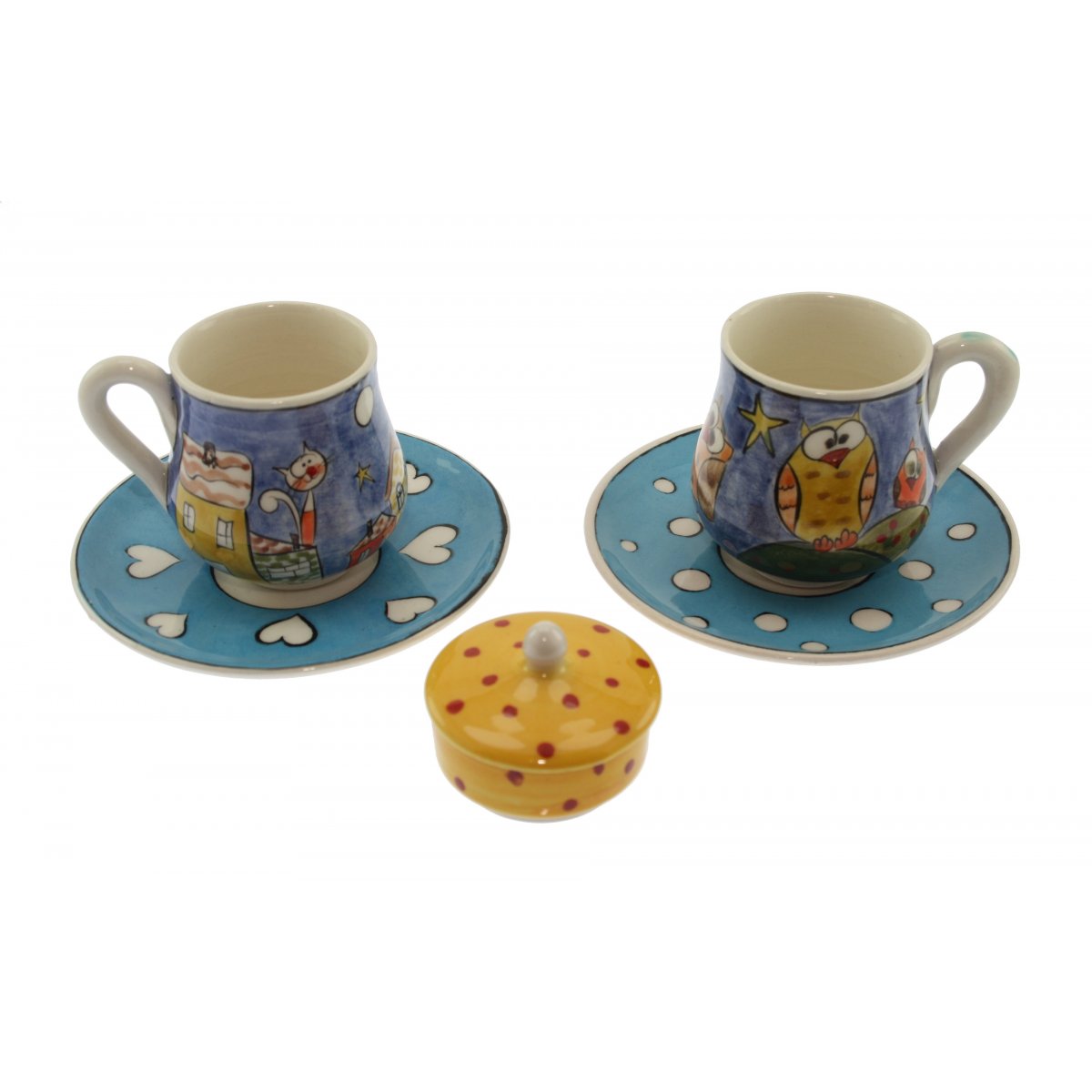 Kedili Ve Baykuşlu Dekorlu Ve Lokumluklu 2 Li Çini Kahve Fincan Seti 5x8 Cm