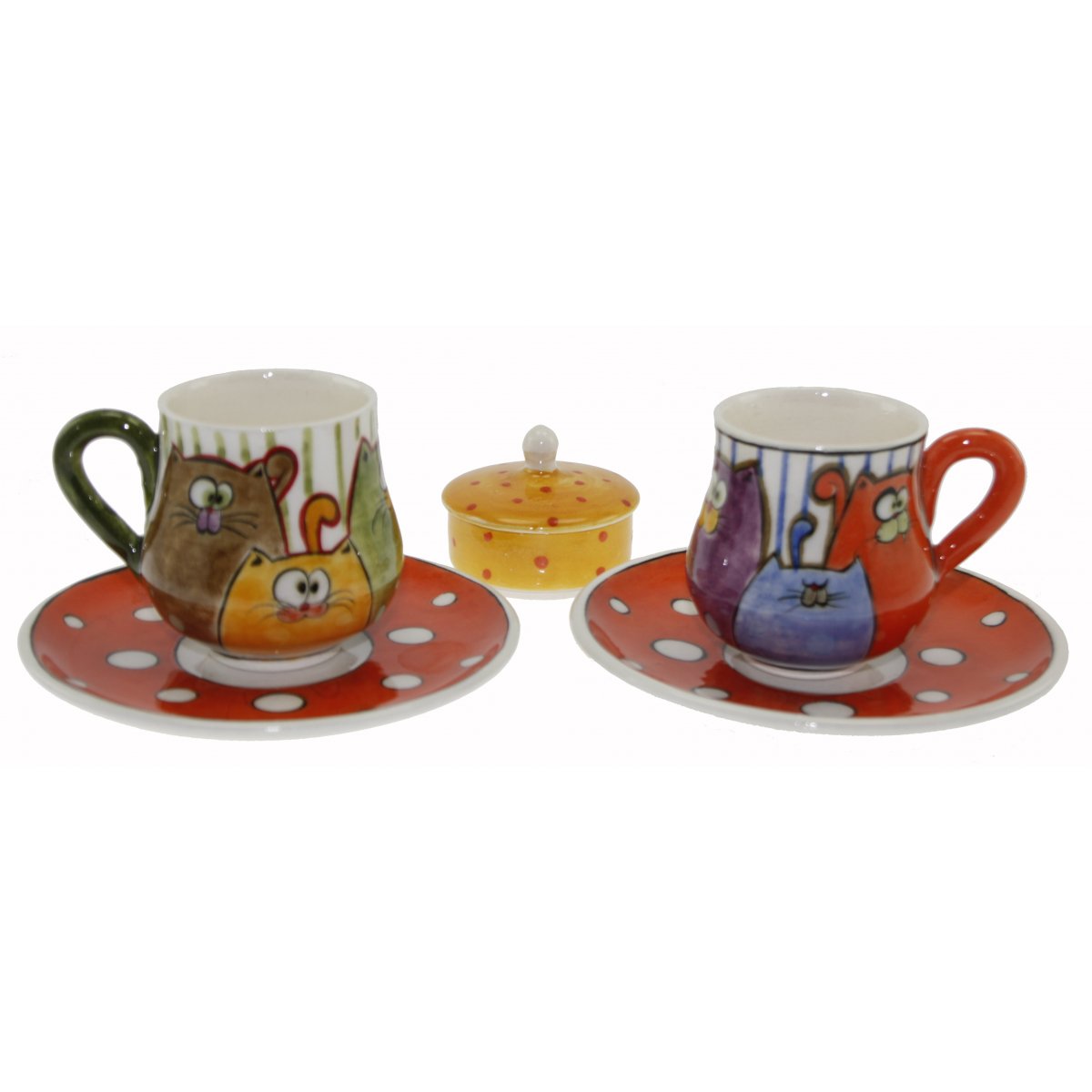 Turuncu Ve Yeşil Kulplu Sevimli Kediler Dekorlu Ve Lokumluklu 2 Li Çini Kahve Fincan Seti 5x8 Cm