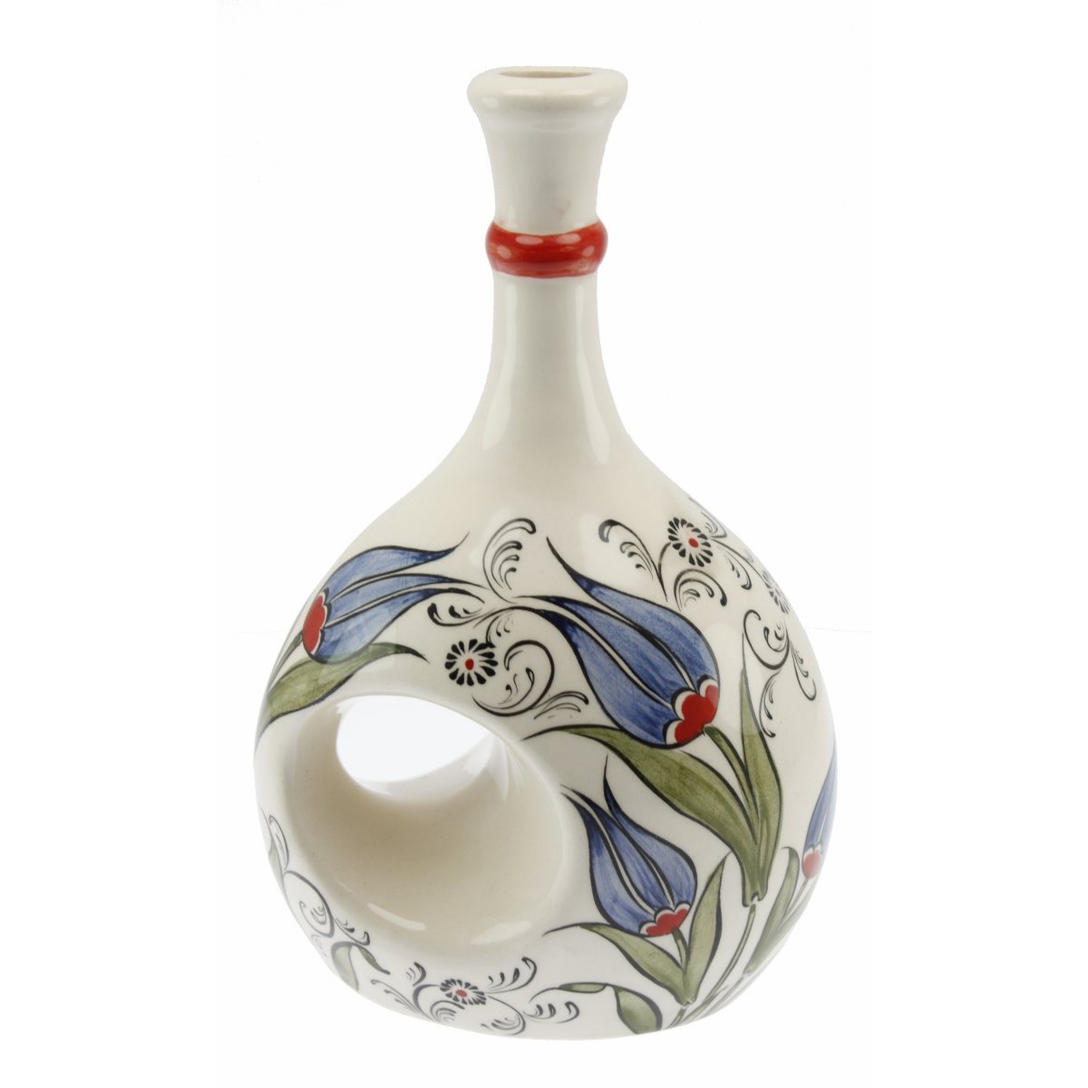 Mavi Çift Lale Dekorlu Seramik Zeytin Yağı Şişesi 500 Gr 14x20 Cm 