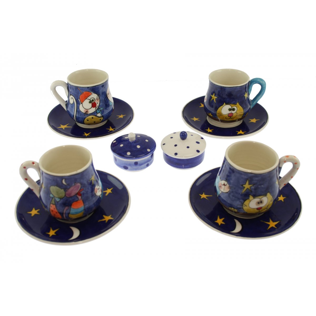 Kedili Patchwork dekorlu Ve Lokumluklu 4 Lü Çini Kahve Fincan Seti 5x8 Cm