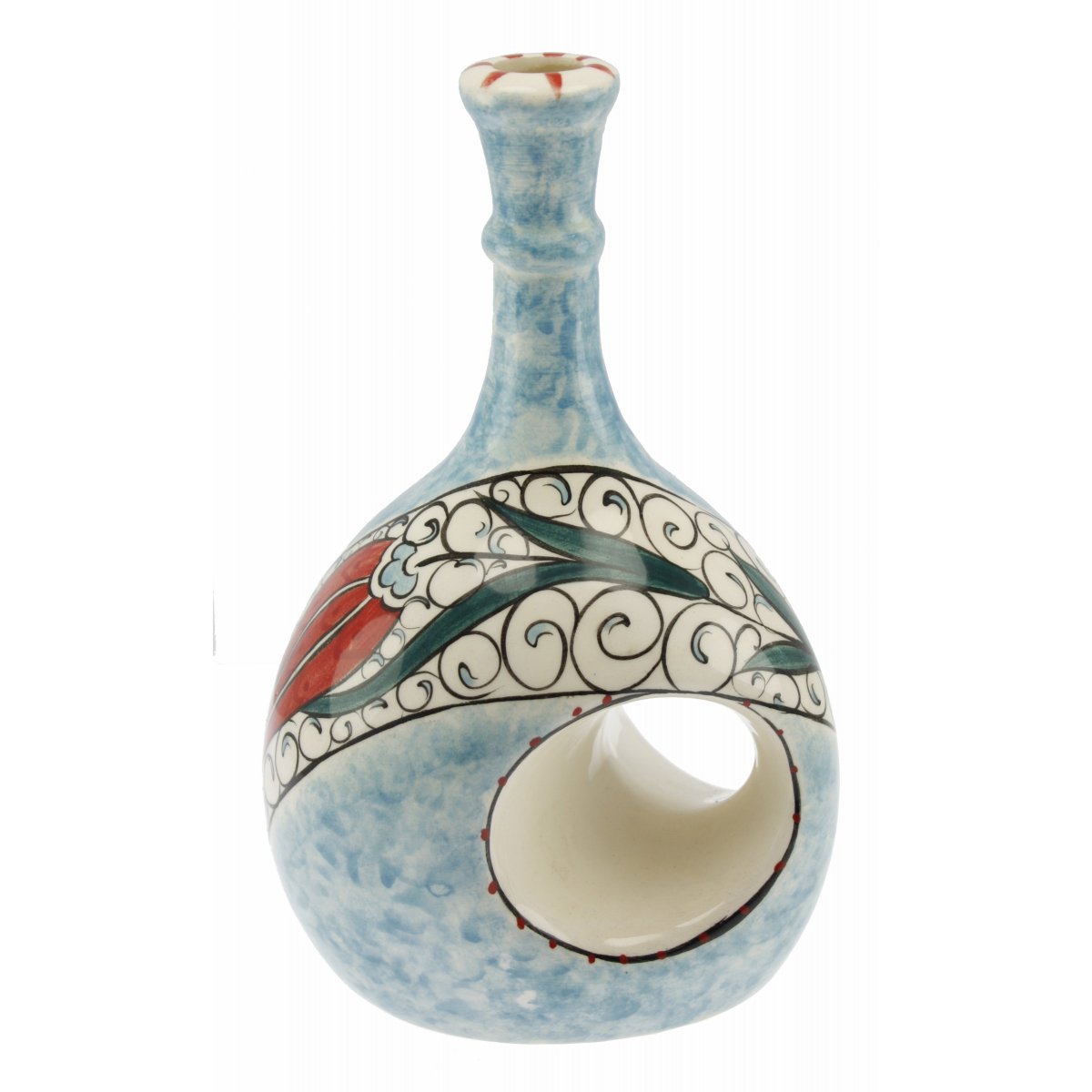 Mavi Zemin Lale Dekorlu Seramik Zeytin Yağı Şişesi 500 Gr 14x20 Cm 