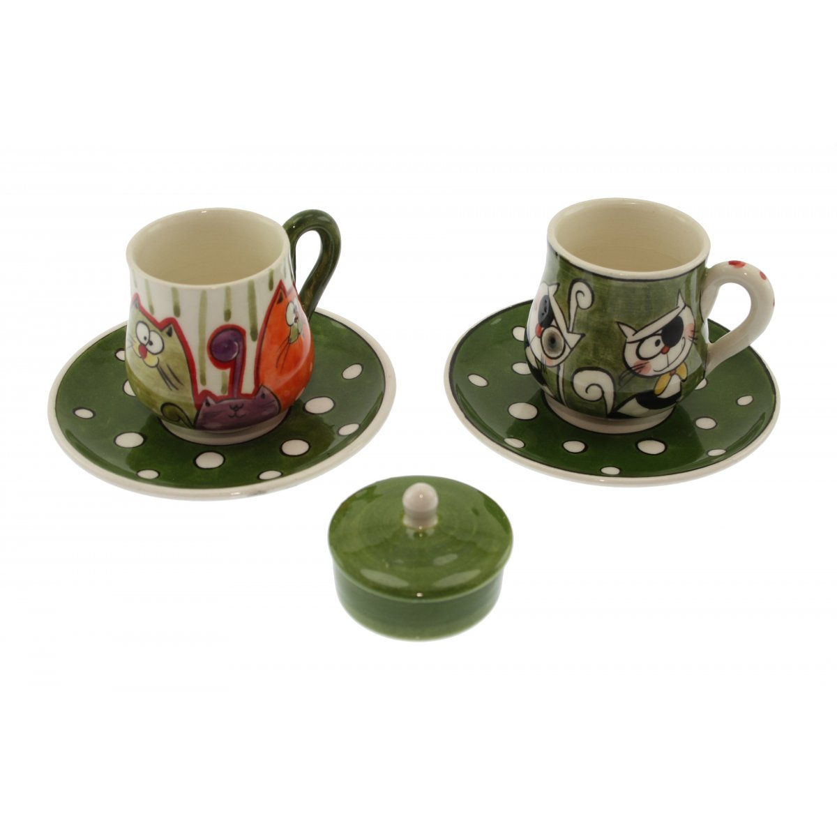 Kedili Patchwork Dekorlu Ve Lokumluklu 2 Li Çini Kahve Fincan Seti 5x8 Cm