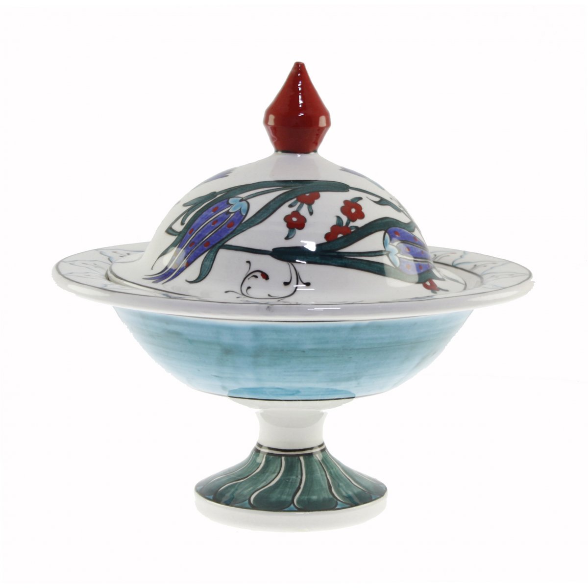 İznik Mavi Lale Dekorlu Dekoratif Çini Şekerlik 21x30 Cm 