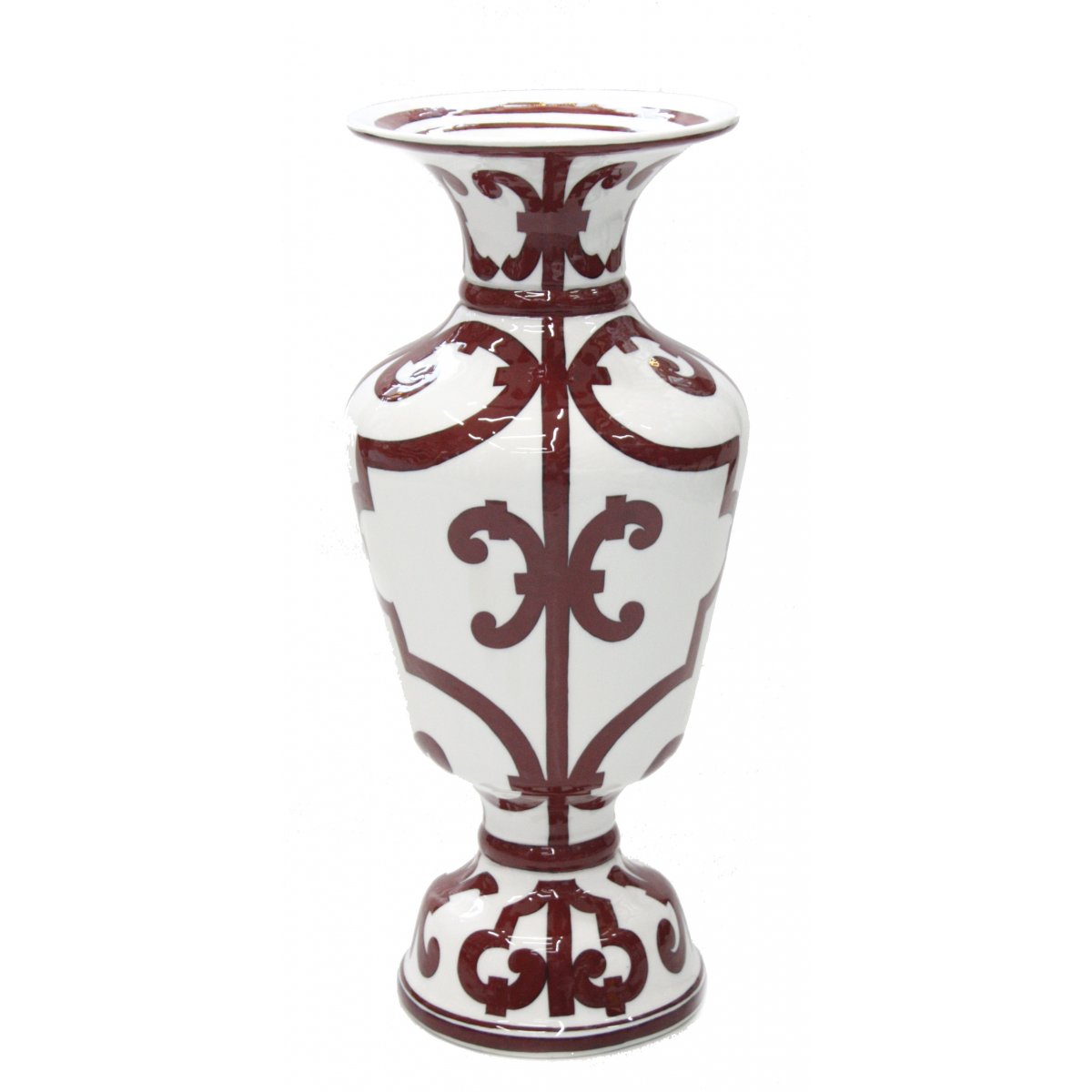 Kırmızı Beyaz Çizgili Patchwork Dekorlu Çini Dekoratif Elhamra Vazo 20x50 Cm
