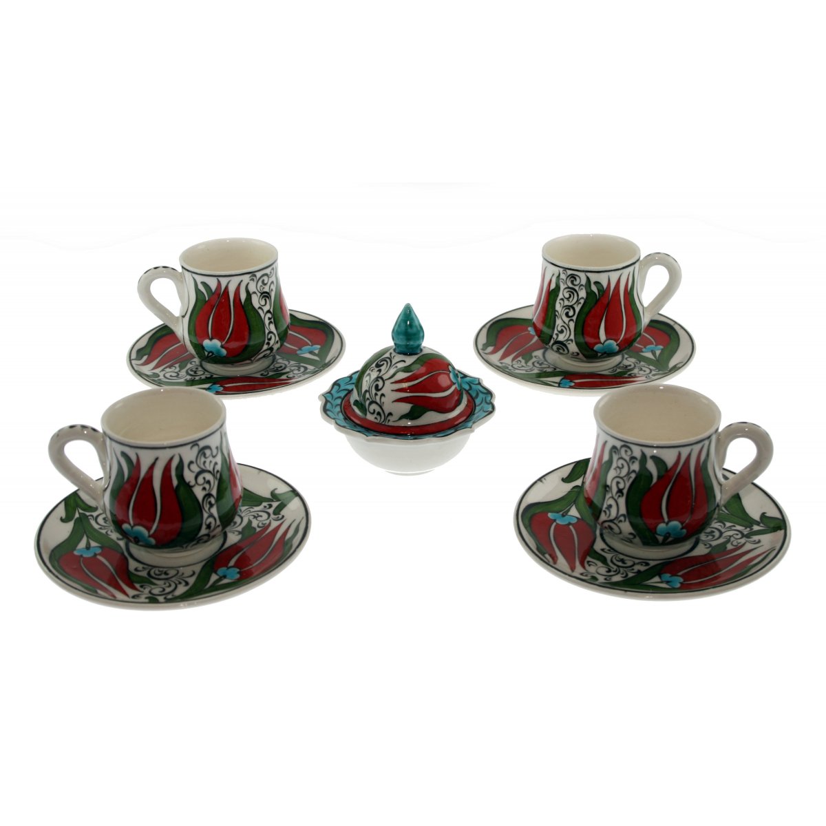Kırmızı Lale Dekorlu Ve Lokumluklu 4 Lü Çini Kahve Fincan Seti 5x8 Cm