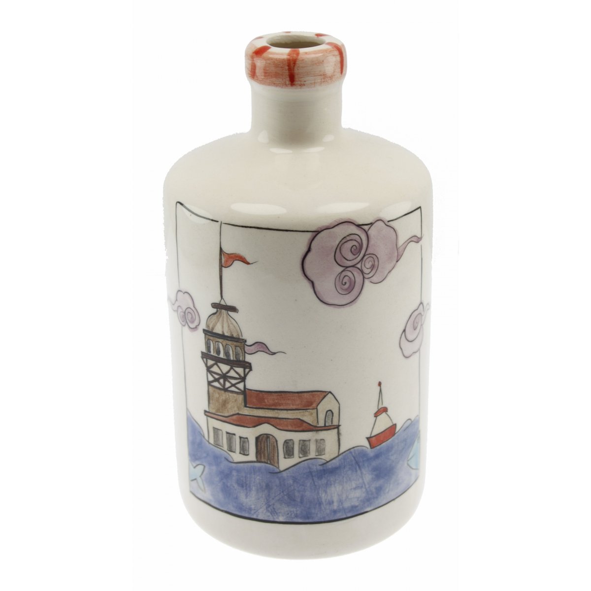 İstanbul Kız Kulesi Dekorlu Seramik Zeytin Yağı Şişesi 500 Gr 10x17 Cm 