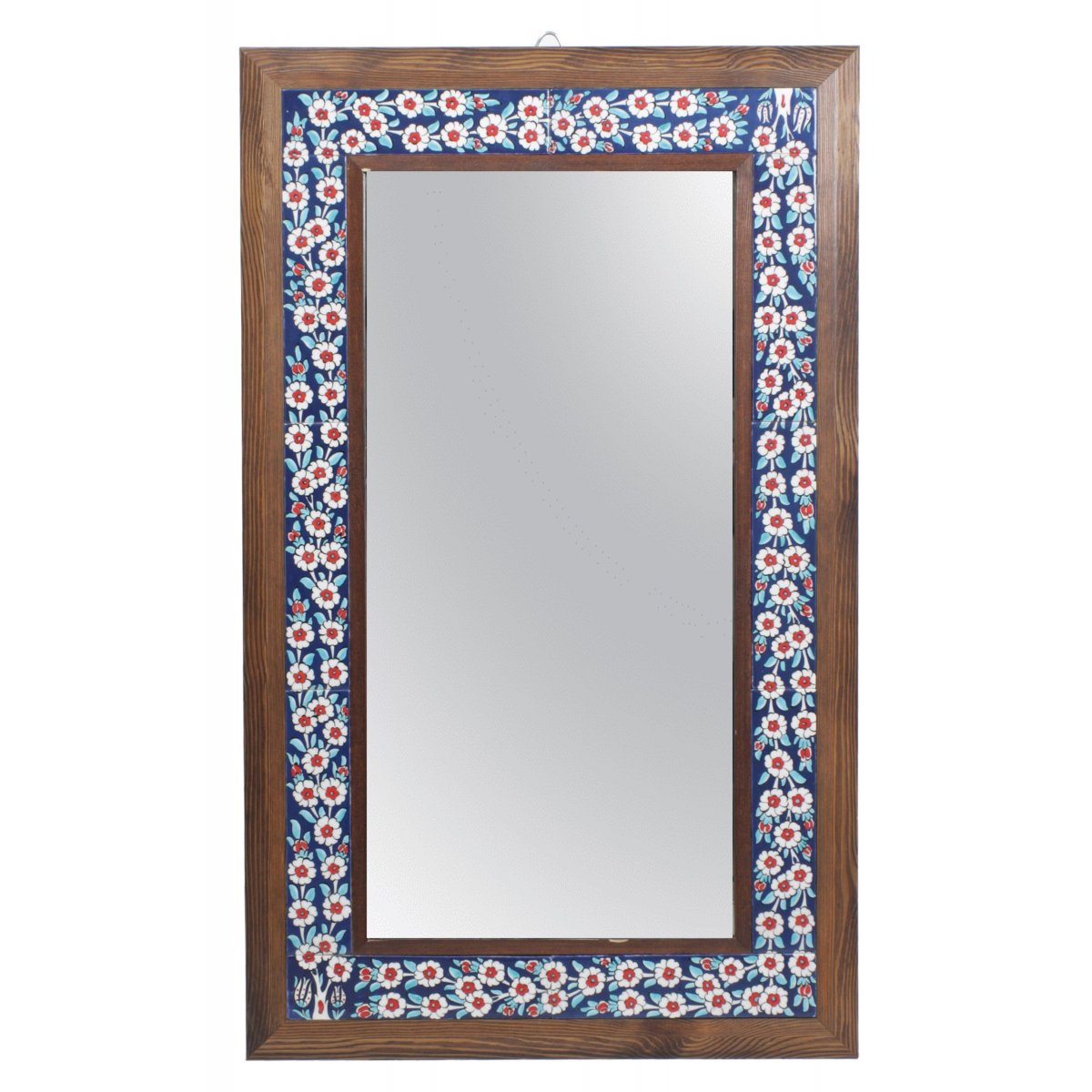 Mavi Zemin Hayat Ağacı Dekorlu Çini Dekoratif Duvar Aynası Çerçeveli 50x70 Cm