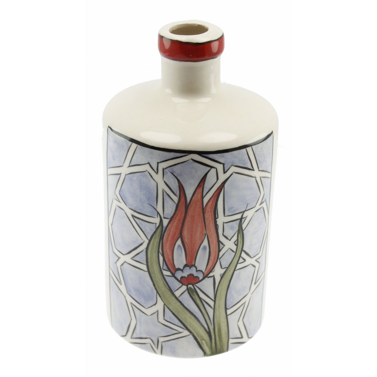 Selçuklu Yıldızı Zemin Lale Dekorlu Seramik Zeytin Yağı Şişesi 500 Gr 10x17 Cm 