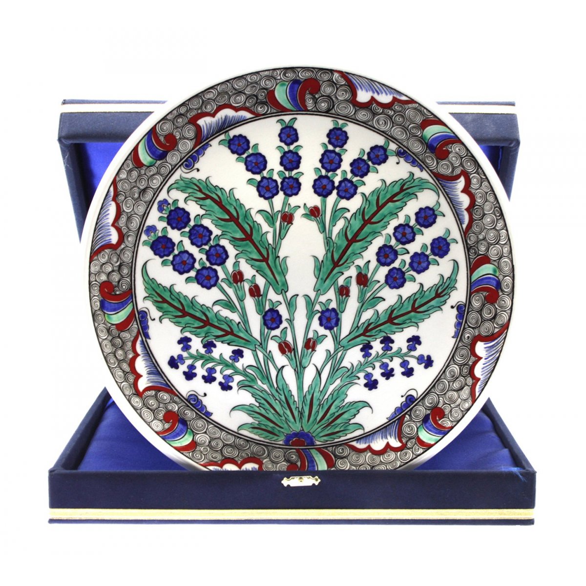 OTANTİK ÇİNİ Mavi Çiçekli Hayat Ağacı Dekorlu Hediyelik Kadife Kutulu Tabak 30 Cm Dir.