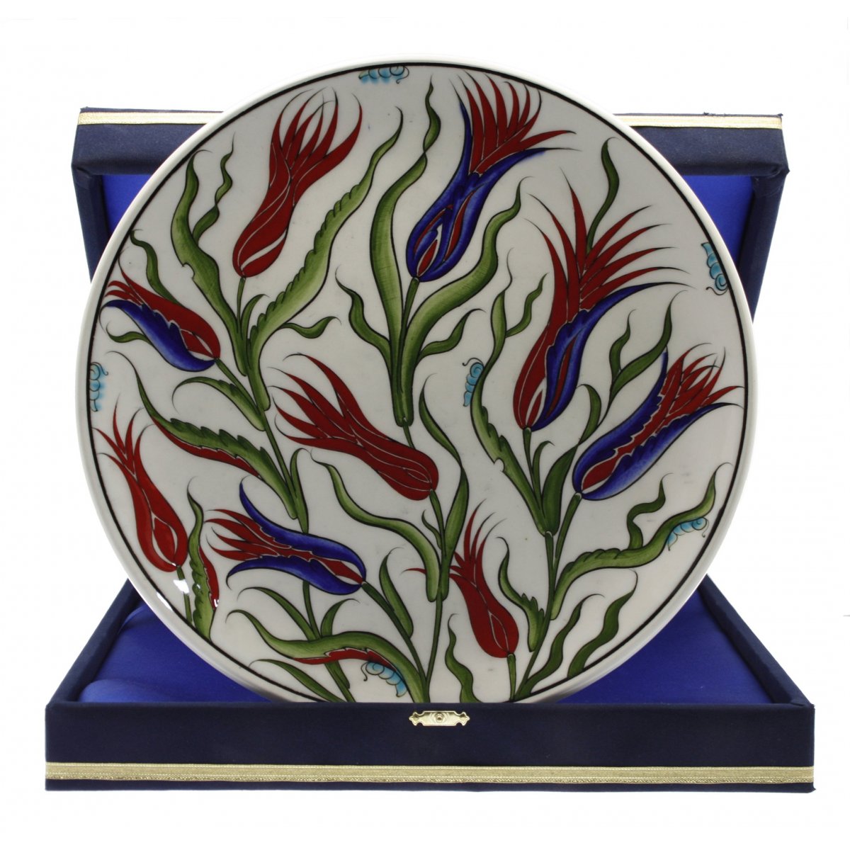 Mavi Kırmızı Ve Lale Dekorlu Çini Dekoratif Kadife Kutulu Kurumsal Tabak 30 Cm 