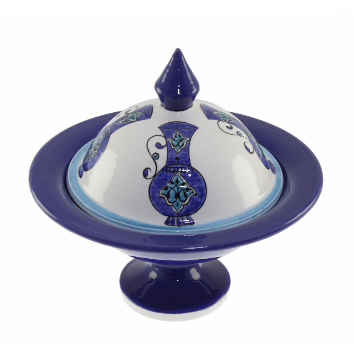 Mavi Zemin Vazo Dekorlu Dekoratif Çini Şekerlik 21x30 Cm 