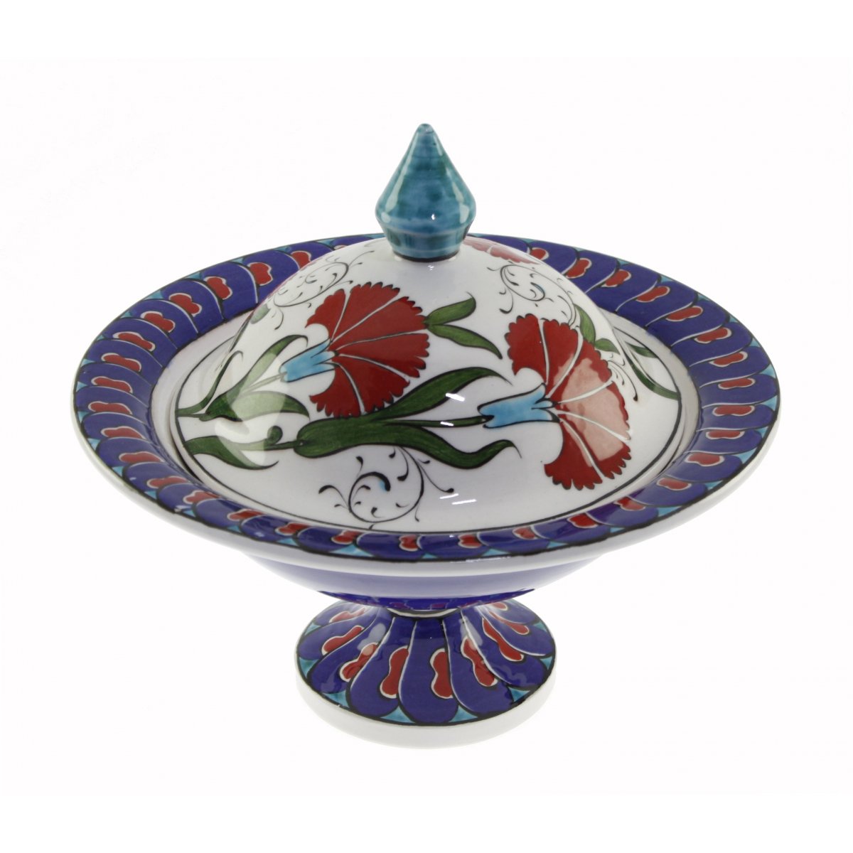 Mavi Zemin Karanfil Dekorlu Dekoratif Çini Şekerlik 21x30 Cm 