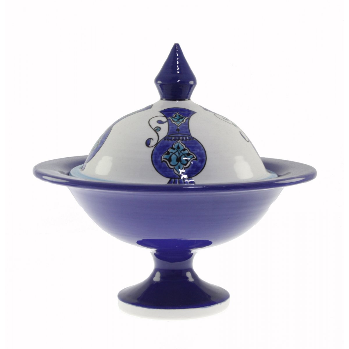 Mavi Zemin Vazo Dekorlu Dekoratif Çini Şekerlik 21x30 Cm 