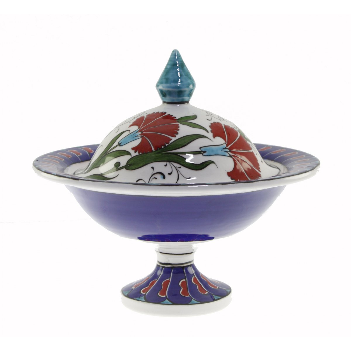 Mavi Zemin Karanfil Dekorlu Dekoratif Çini Şekerlik 21x30 Cm 