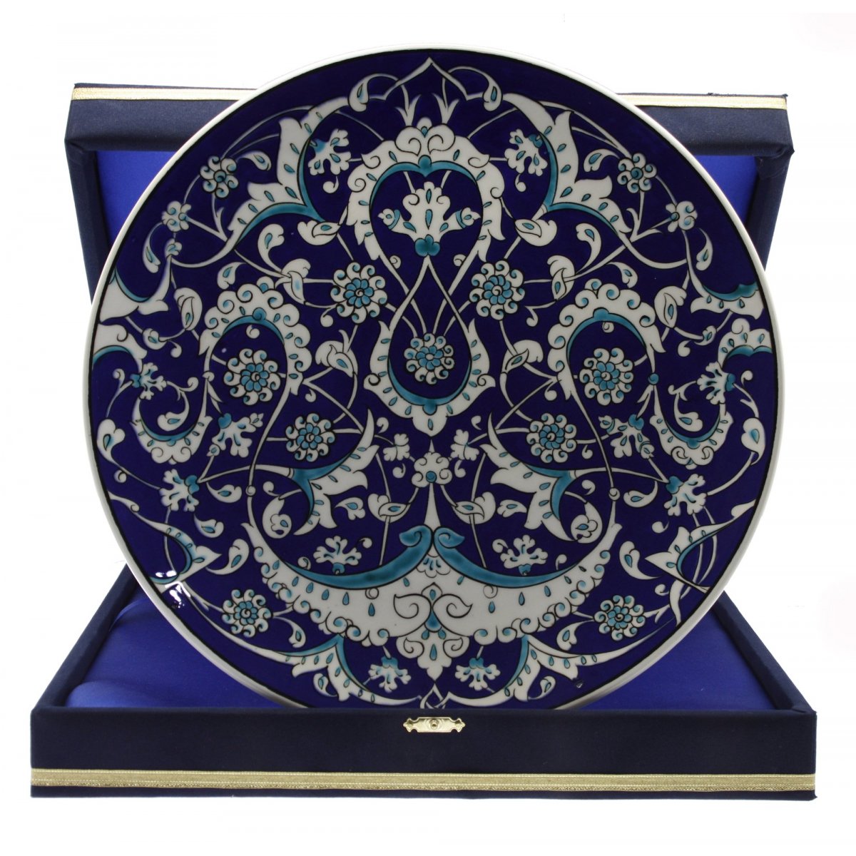 Mavi Zeminli Baba Nakkaş Dekorlu Çini Dekoratif Kadife Kutulu Kurumsal Tabak 30 Cm
