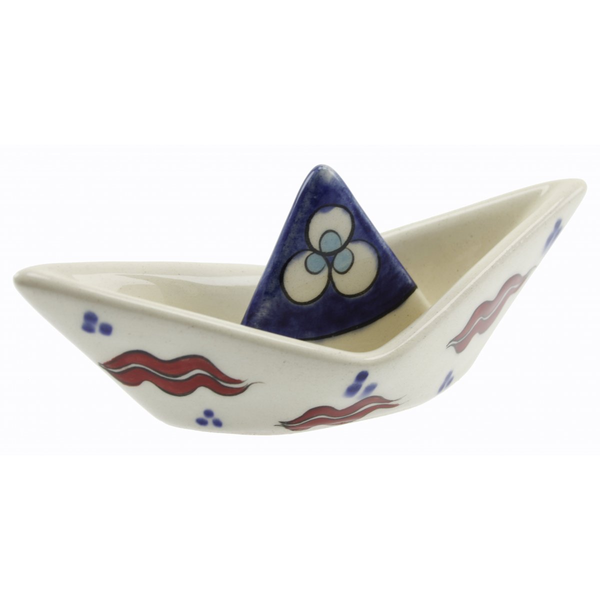 Beyaz Zemin Çintemani Dekorlu Seramik Gemi Biblo Kase 6x13 Cm