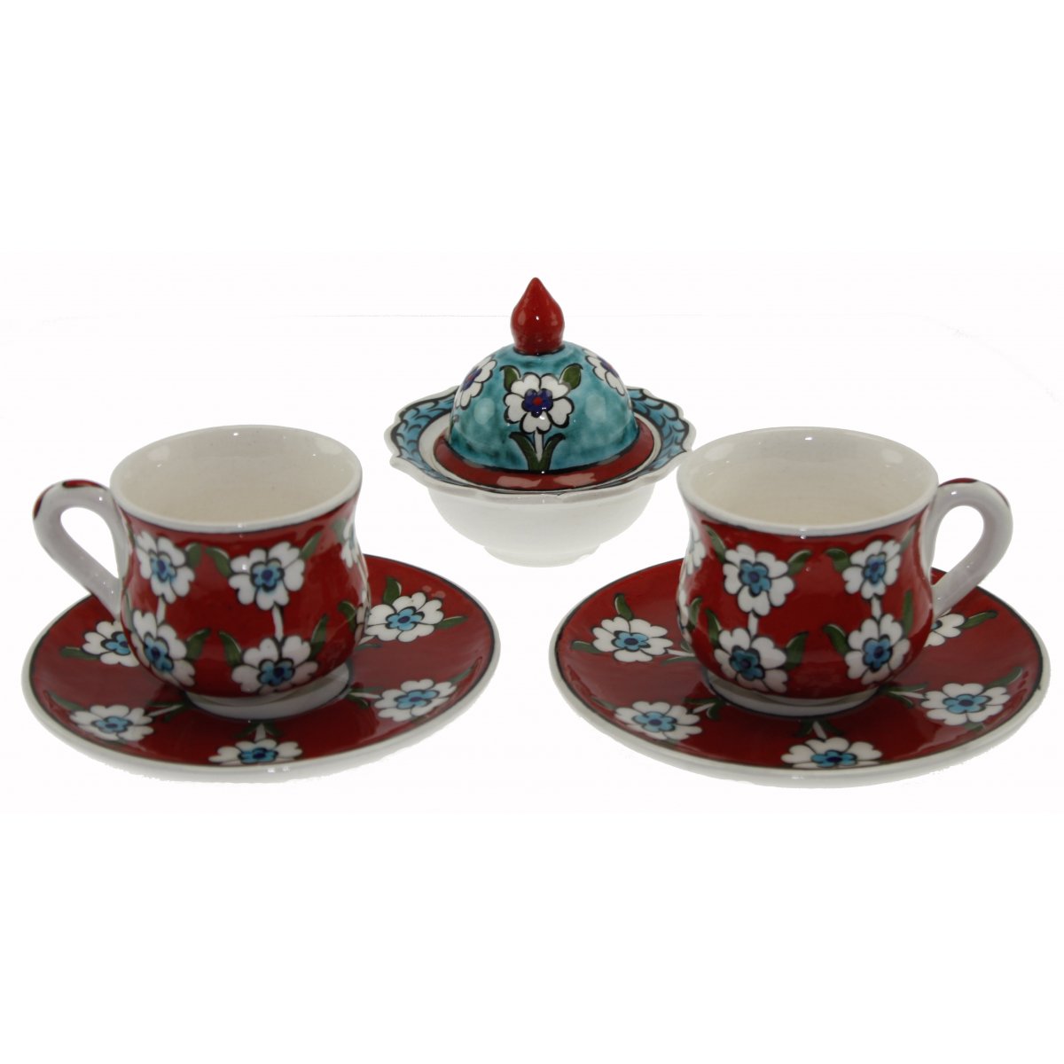 Kırmızı Zemin Hayat Ağacı Dekorlu Ve Lokumluklu 2 Li Çini Kahve Fincan Seti 5x8 Cm