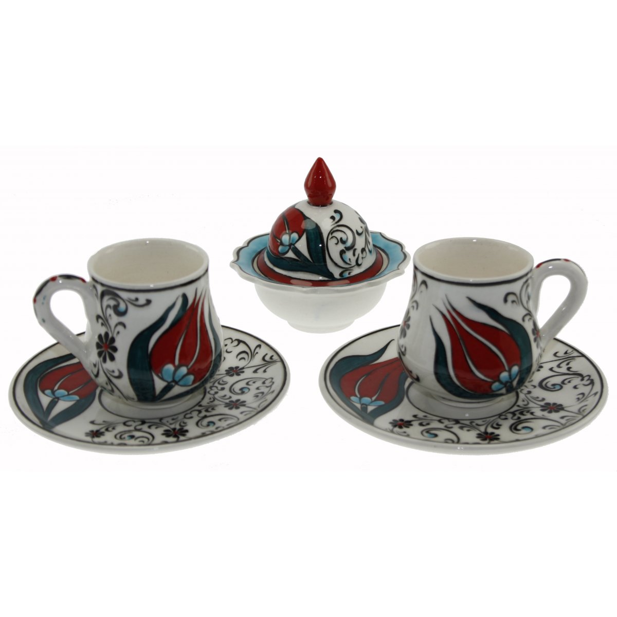 Haliç Zemin Lale Dekorlu Ve Lokumluklu 2 Li Çini Kahve Fincan Seti 5x8 Cm