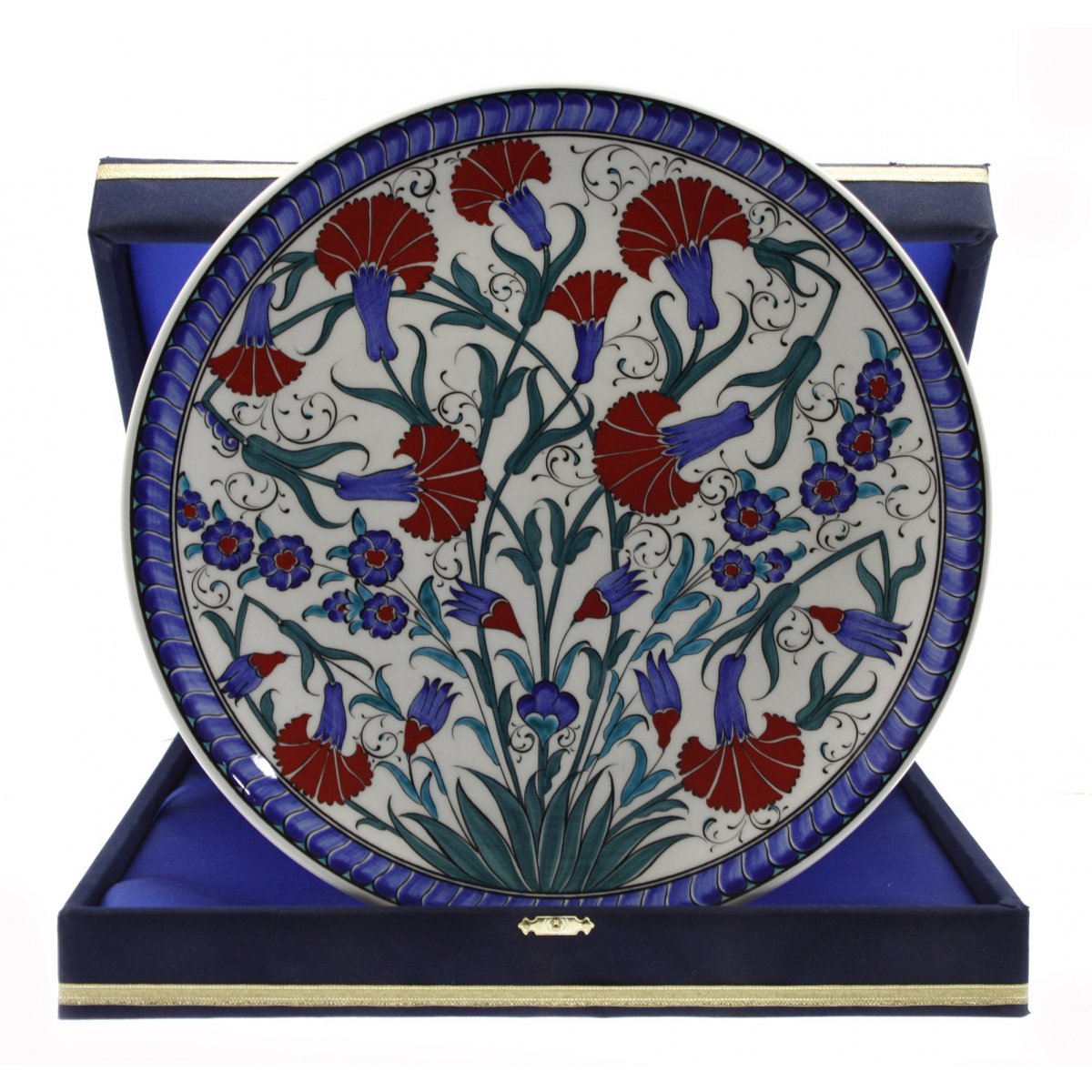 Kırmızı Karanfiller Dekorlu Çini Dekoratif Kadife Kutulu Kurumsal Tabak 30 Cm 