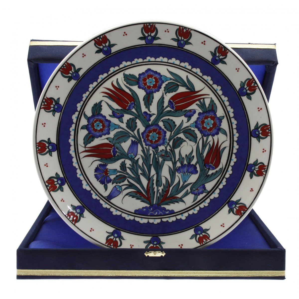 Kırmızı Lale Ve Mavi Karanfil Dekorlu Çini Dekoratif Kadife Kutulu Kurumsal Tabak 30 Cm 