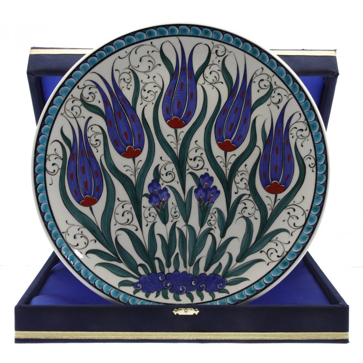 Mavi Laleler Dekorlu Çini Dekoratif Kadife Kutulu Kurumsal Tabak 30 Cm 