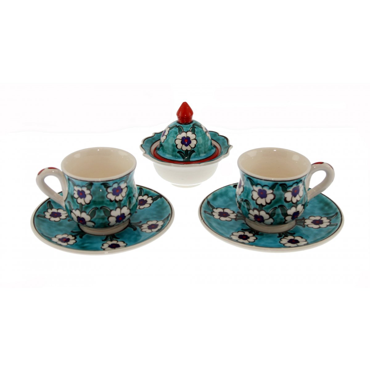 Hayat Ağacı Dekorlu Ve Lokumluklu 2 Li Çini Kahve Fincan Seti 5x8 Cm