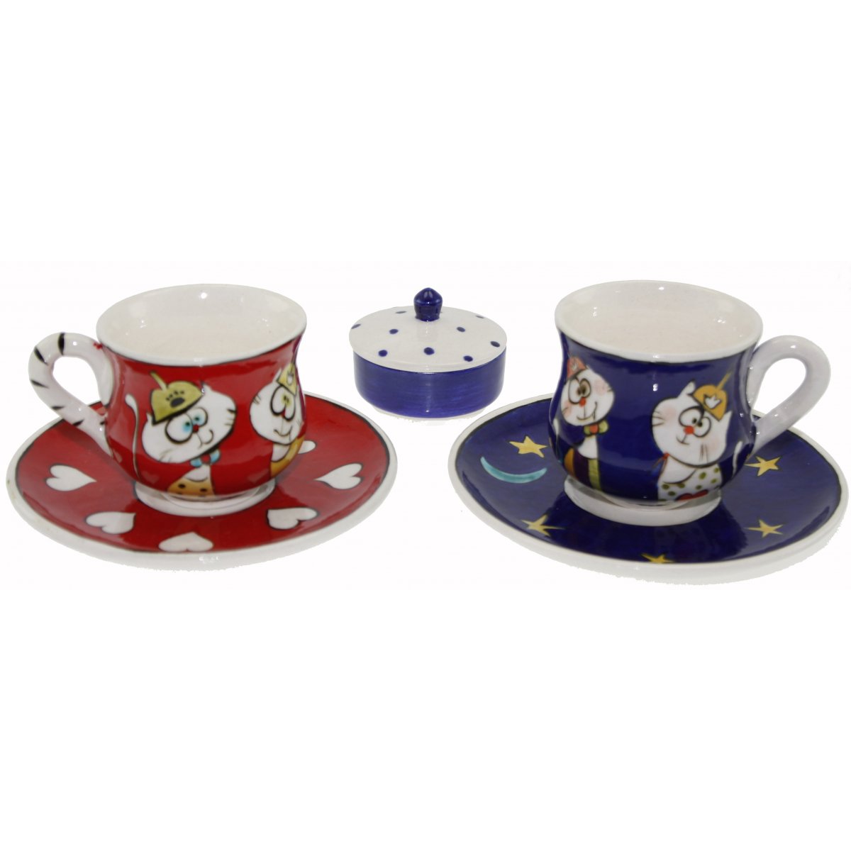 Hunili Kediler Patchwork Dekorlu Ve Lokumluklu 2 Li Çini Kahve Fincan Seti 5x8 Cm