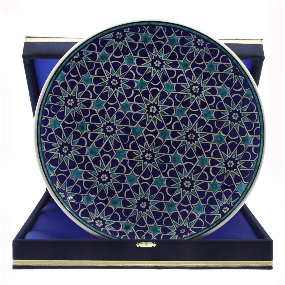 Mavi Zemin Selçuklu Yıldızı Dekorlu Çini Dekoratif Kadife Kutulu Kurumsal Tabak 30 Cm