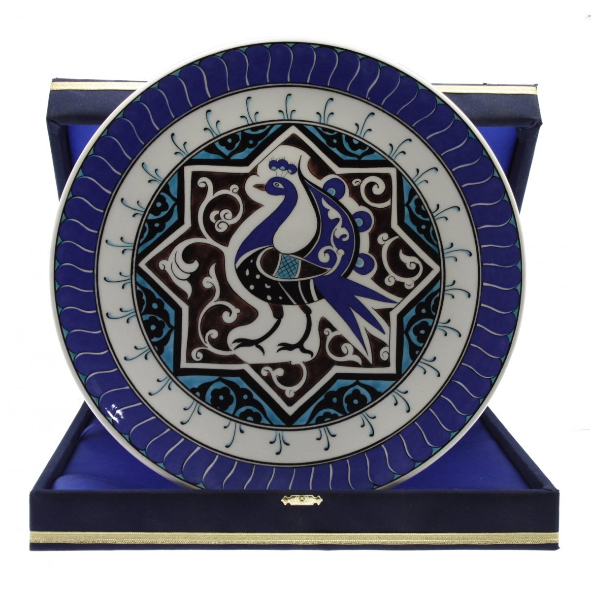 OTANTİK ÇİNİ Selçuklu Yıldızı İçinde Cennet Kuşu Dekorlu Kurumsal Kadife Kutulu Hediyelik 30CmTabak