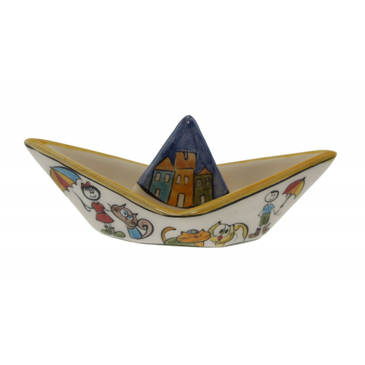 Şemsiyeli Kız Ve Kedi Dekorlu Çini Gemi Biblo 6x10 Cm 