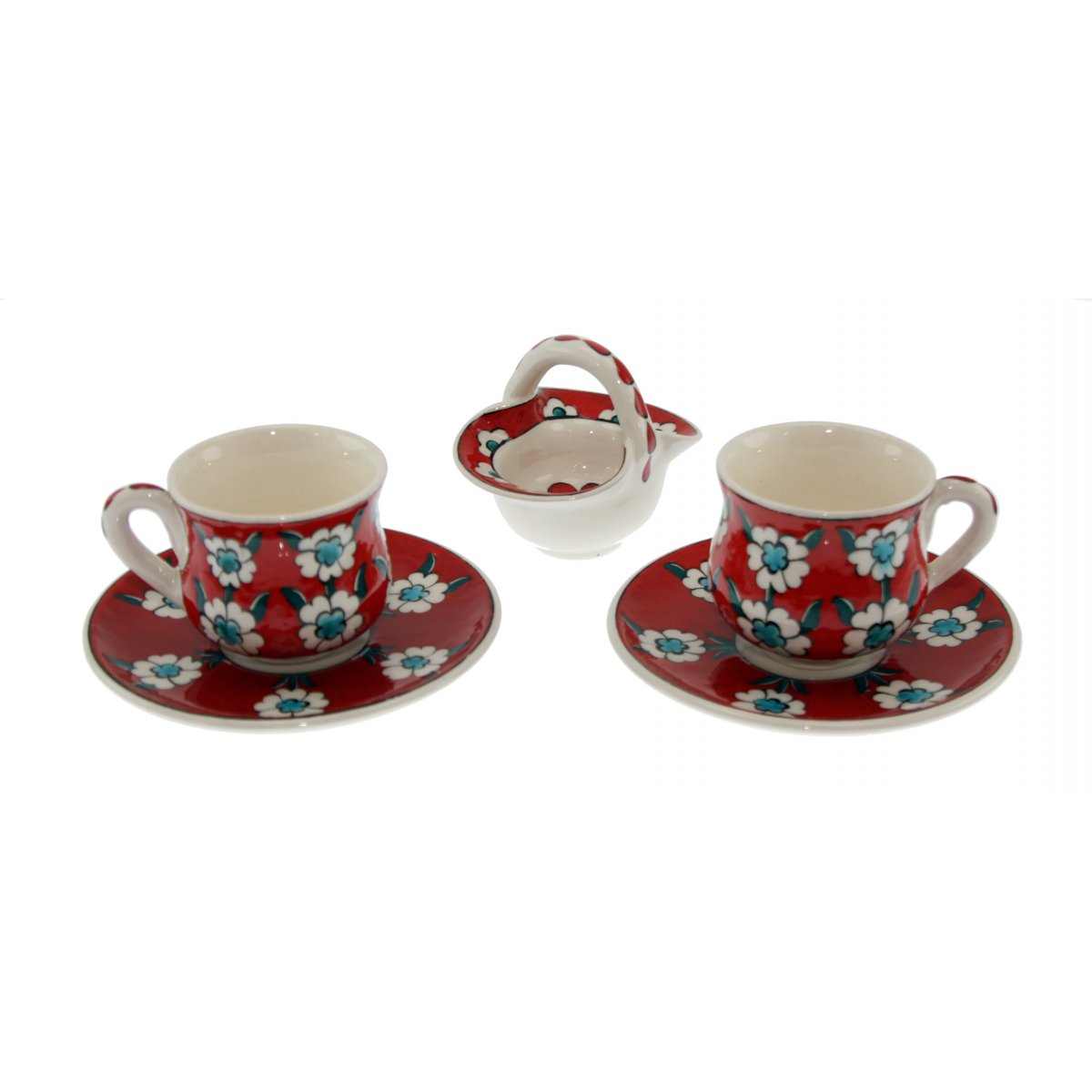 Kırmızı Zemin Hayat Ağacı Dekorlu Ve Lokumluklu 2 Li Çini Kahve Fincan Seti 5x8 Cm